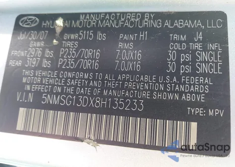 2008 Hyundai Santa Fe Gls from USA, damaged, VIN 5NMSG13DX8H135233